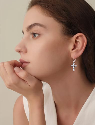 Birthstone Cross Earrings for Women 925 Sterling Silver - color: 03 March - Aquamarine