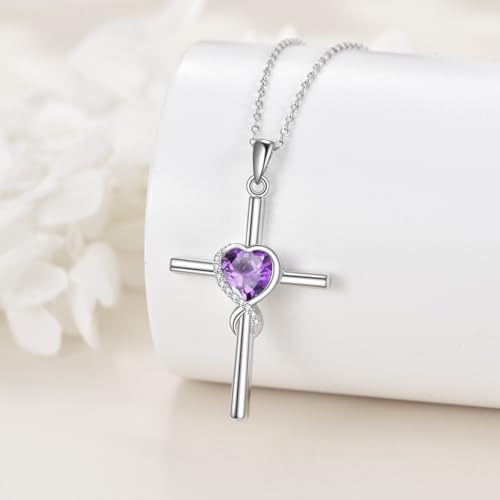 S925 Sterling Silver Cross Necklace for Women Birthstone Necklace Heart Infinity Cross Pendant Necklace Christmas Valentines Day Gifts Birthday Holiday Gifts for Her, 18"+2" Inches - color: 02-Feb Birthstone - Amethyst