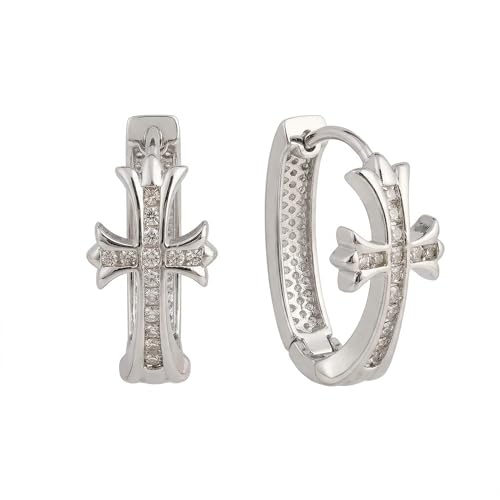 14K Gold Plated Cross Hoop Earrings for Women, Crystal Huggie Earrings, Elegant Faith Jewelry Gift - color: silver