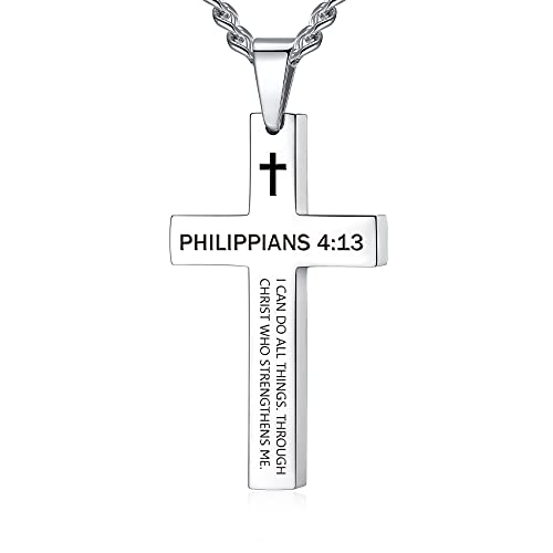 REVEMCN Black & Silver Bible Verse Cross Necklace for Men Boys 20-24" Chain - color: Philippians 4:13 - Silver