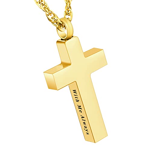 Cremation Cross Necklace for Ashes Stainless Steel Cross Urn Pendant Ashes Holder Memorial Jewelry-With Me Always - style: With me always-Gold