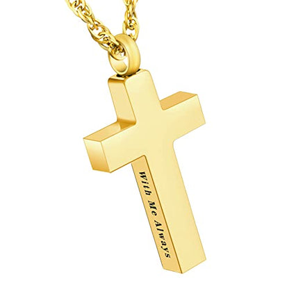 Cremation Cross Necklace for Ashes Stainless Steel Cross Urn Pendant Ashes Holder Memorial Jewelry-With Me Always - style: With me always-Gold