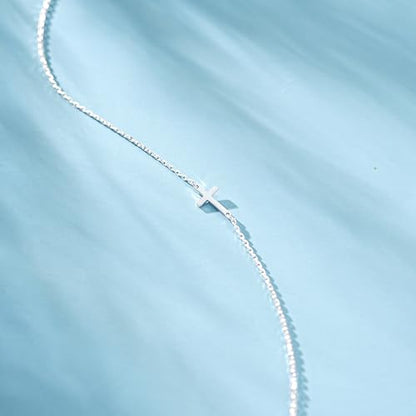 AllenCOCO Sterling Silver Cross Necklace for Women, 14K Gold or Silver Dainty Small Cross Pendant Choker Simple Trendy Cute Cross Charm Chain Easter Baptism Religious Faith Jewelry Gift - color: Sideways Cross-Silver