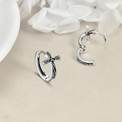 AOBOCO Black Hoops Earrings for Men Sterling Silver Viking Celtic Cross Heart Skull Round Triangle Hoop Earrings Birthday Father Day Christmas Jewelry Gifts for Men Women Friends - style: Celtic Cross Hoop