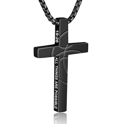 Basketball Cross Necklace for Boys Men - color: Black, style: 19:26 All things are possible