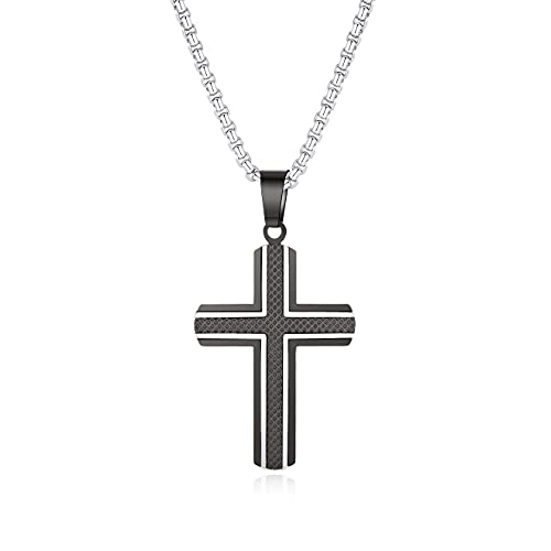 Holizaly Men's Cross Necklace 316L Stainless Steel Pendant White/Gold/Black/Blue Rolo Chain-Gift Box Included - color: Black silver