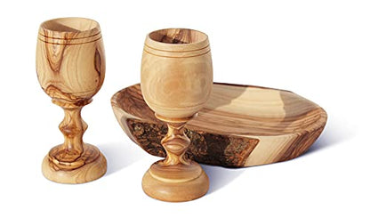 2 Small Communion Cups with Natural Olive Wood Bread Plate – Hand-Carved Kiddush Set for Church, Ministry & Worship – Includes Certificate of Origin - color: 2 Cup Set [Medium, Natural Olive Wood Tray]