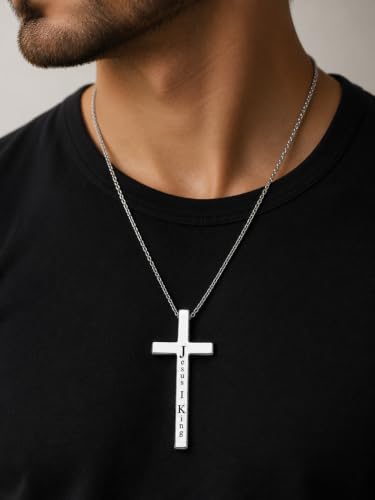 Engraved Cross Necklace for Men, Women & Boys & Girls Cross Necklace, Stainless Steel Cross Pendant Necklace, Faith & Inspiration Christian Jewelry Gift - color: Jesus Is King