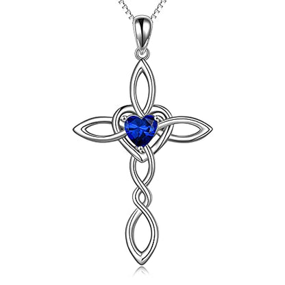 Celtic Knot Cross Pendant Necklace Sterling Silver Religious Irish Infinity Love Heart Irish Celtics Necklace Jewelry Mothers Day Birthday Gifts for Women Girls - color: Silver September cross necklace