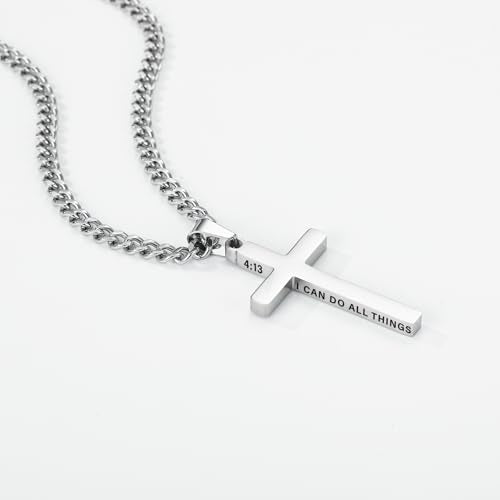 Gnamy Cross Necklace for Men Boys Stainless Steel Bible Verse Cross Pendant with Cuban Link Chain (22+2 Inches) | Christian Religious Jewelry Gifts - color: Silver, style: PHILIPPIANS 4:13