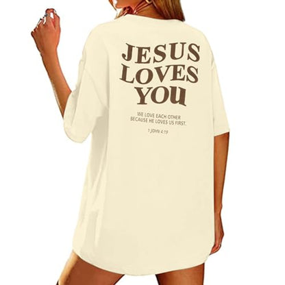 Christian Shirt Women Oversized Jesus Tshirt Jesus Love You Shirts Jesus Faith Tops Bible Verse Inspirational Tee - color: Apricot, size: Small