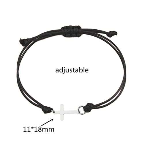 COLORFUL BLING Gold Silver Stainless Steel Sideways Cross Bracelet Adjustable Braided String Faith Hope Blessed Woven Rope Wrist Cuff for Men Women Protection Amulet Jewelry - color: silver black