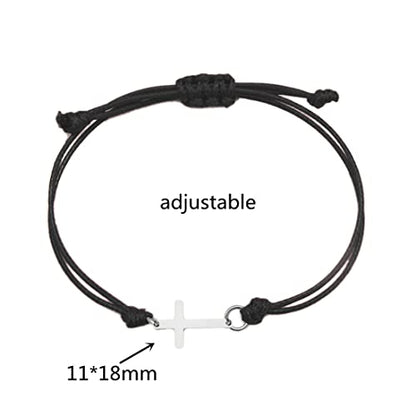 COLORFUL BLING Gold Silver Stainless Steel Sideways Cross Bracelet Adjustable Braided String Faith Hope Blessed Woven Rope Wrist Cuff for Men Women Protection Amulet Jewelry - color: silver black
