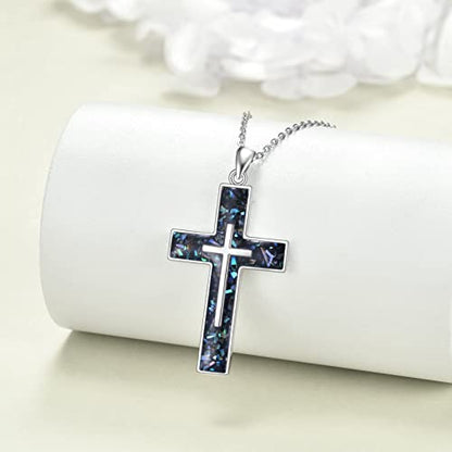 YFN Cross Necklace Sterling Silver Religious Cross Pendant Jewelry Christian Gifts for Women Men - style: A. Abalone Shell Randomized