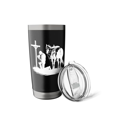 Praying Cowboy Kneeling Cross Western Bible Jesus Horse Stainless Steel Insulated Tumbler - color: Black