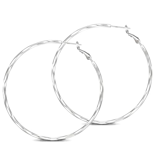2MM Thin Gold Hoop Earrings Sterling Silver Post Hoop Earrings For Women Diamond-Cut Gold Hoops Earrings 14K Gold Plated Hoops Earrings Lightweight Hypoallergenic Oversize Gold Earrings For Women - color: Silver-40MM
