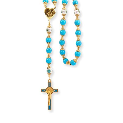 Nazareth Store Saint Benedict 10mm Glass Rosary Beads Catholic Necklace Flowers Mystery Bead Miraculous Medal Locket Cross Prayer Rosarios Catolicos - color: Turquoise