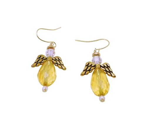 Angel Earrings with Gold Wings, Yellow Crystal Beads, Clear Glass Accents, Dangle Hook Style, Religious Jewelry, Holiday Accessory, Stocking Stuffer, Gift Idea, Unisex