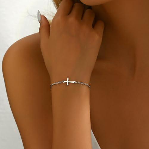 18K Gold Plated Pearl Beaded Cross Bracelets for Women Adjustable - color: Satellite Cross-White Gold