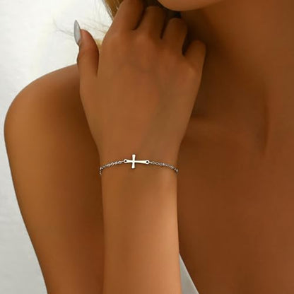 18K Gold Plated Pearl Beaded Cross Bracelets for Women Adjustable - color: Satellite Cross-White Gold