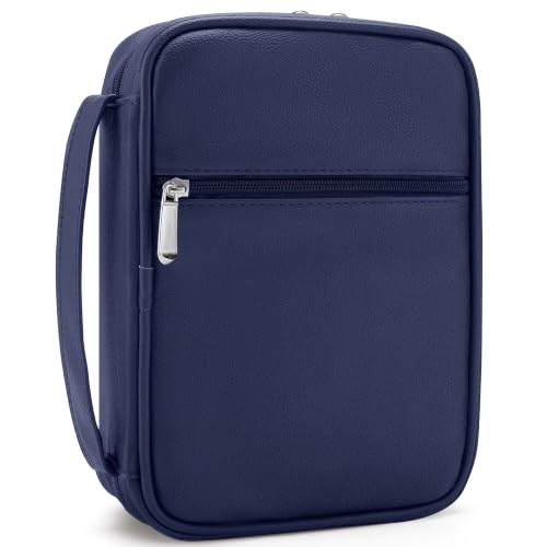 Large Bible Cover Case for Women and Men, 10x7 PU Leather Bible Sleeve, Compact Travel Bible Carrier Bag with Front Pen Holders, Zipper Closure, Inner Pockets - Blue - color: Blue, size: 10.12''x7''x1.8''