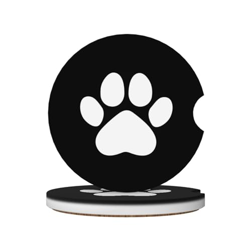 Black White Dog Paws Car Coasters for Cup Holders,2 Pack Car Cup Holder Coasters for Car,Ceramic Absorbent Car Coaster with A Finger Notch and Cork Base,Car Interior Accessories for Women Men - color: Black White Dog Paws