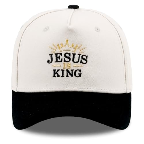 Embroidered Christian Two-Tone Baseball Cap for Men & Women, Adjustable Dad Hat Christmas Easter Gift - color: Crown Shape Jesus is King, Black/Beige