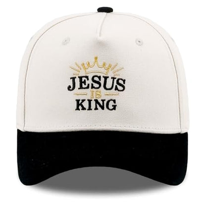 Embroidered Christian Two-Tone Baseball Cap for Men & Women, Adjustable Dad Hat Christmas Easter Gift - color: Crown Shape Jesus is King, Black/Beige