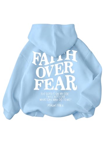 BANGELY Faith Over Fear Hoodie Girl's Christian Sweatshirt Long Sleeve Tops - color: Blue, size: 5-6 Years