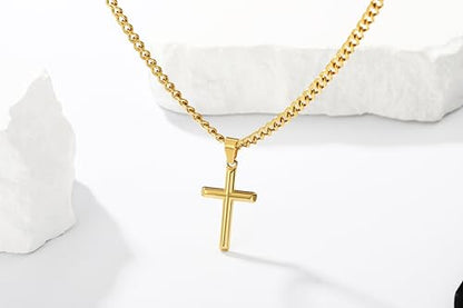 Avotto 316L Stainless Steel Cross Necklace Jewelry Gifts for Men Boys, Silver Gold Black Necklaces 5mm Non-Fading Sturdy Cuban Chain with Cross Pendant 14/16/18/20/22/24Inch - color: Gold, size: 22 inch(55cm)-Long Fit