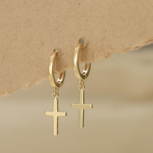 Earrings for Women 14K Gold Plated Huggie Hoop Dangle - color: 06. Cross