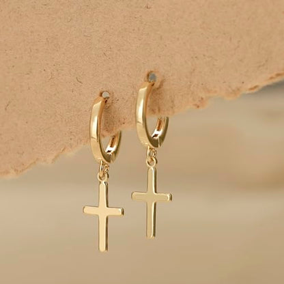 Earrings for Women 14K Gold Plated Huggie Hoop Dangle - color: 06. Cross
