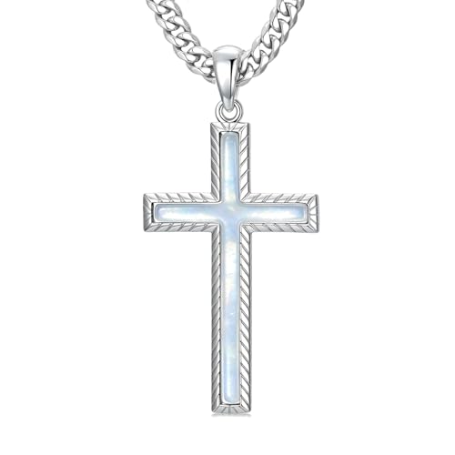 MRENITE Silver Natural Stone Cross Necklace, Classic Latin Cross Pendant Necklace for Unisex Women Man, Vintage Crystal Quartz Cross Necklace with 20+2 Inches Adjustable Cuban Chain - style: Moonstone