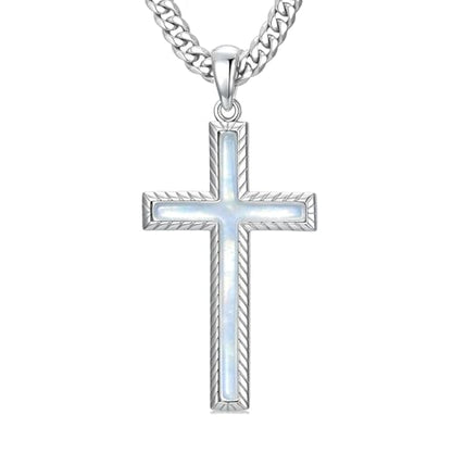MRENITE Silver Natural Stone Cross Necklace, Classic Latin Cross Pendant Necklace for Unisex Women Man, Vintage Crystal Quartz Cross Necklace with 20+2 Inches Adjustable Cuban Chain - style: Moonstone