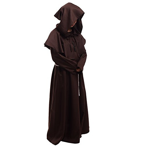 BLESSUME Friar Hooded Robe Monk Renaissance Priest Halloween Medieval Role Play Costume - color: Brown Cowl Hat+robe+ Waist Rope+necklace, size: Small