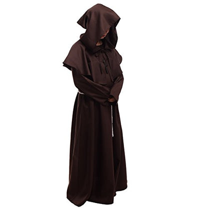 BLESSUME Friar Hooded Robe Monk Renaissance Priest Halloween Medieval Role Play Costume - color: Brown Cowl Hat+robe+ Waist Rope+necklace, size: Medium