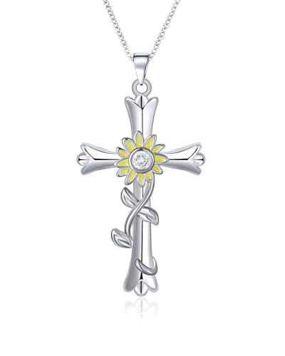 ACECHA Silver Cross Necklace for Women, Crosses Pendant with Birthflower - color: Z Sunflower