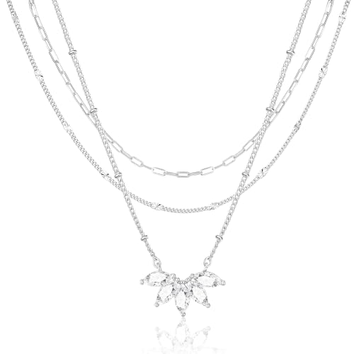 3PCS Gold Silver Layered Necklaces for Women Trendy - color: Silver&Flower