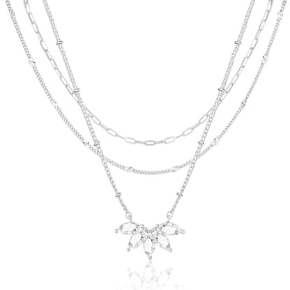 3PCS Gold Silver Layered Necklaces for Women Trendy - color: Silver&Flower