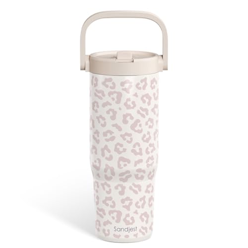 SANDJEST Leopard Skin Stainless Steel Straw Lid Tumbler 30oz with Carry Handle for Women Girls, Insulated Travel Coffee Cup, Gift for Sports Outdoor Workout Christmas Birthday (Beige) - color: Leopard Skin 3