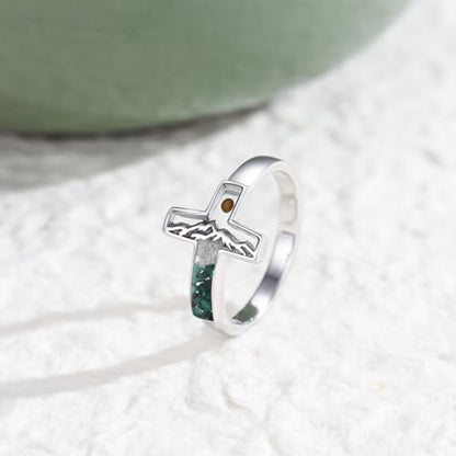Mustard Seed Ring 925 Sterling Silver Turquoise/Opal/Malachite/Abalone Mountain Cross Ring Jewelry Gift for for Women Girlfriend - style: Malachite&Turquoise
