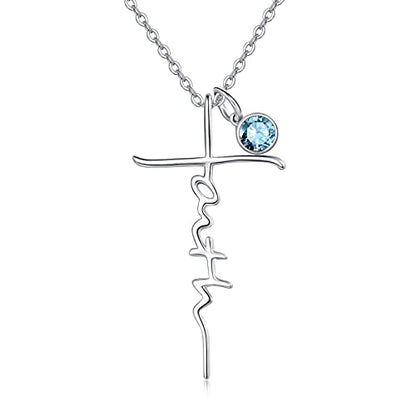PRAYMOS Faith Cross Necklace for Women 925 Sterling Silver Pendant Necklace With Birthstone Initial Christian Religious Confirmation Baptism Mothers Day Gifts - color: 2-Silver March(Aquamarine)