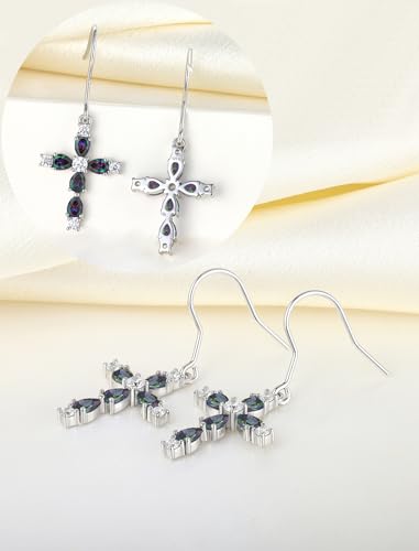 YL 925 Sterling Silver Cross Dangle Earrings Halo Birthstone Hook Earrings Religious Jewelry for Women - color: 6-alexandrite-Jun