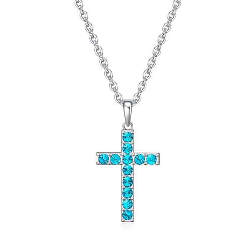 Birthstone Cross Necklace for Women,First Communion Gifts Easter Baptism Cross Jewelry Pendant Gift - color: 12December-Zircon Blue