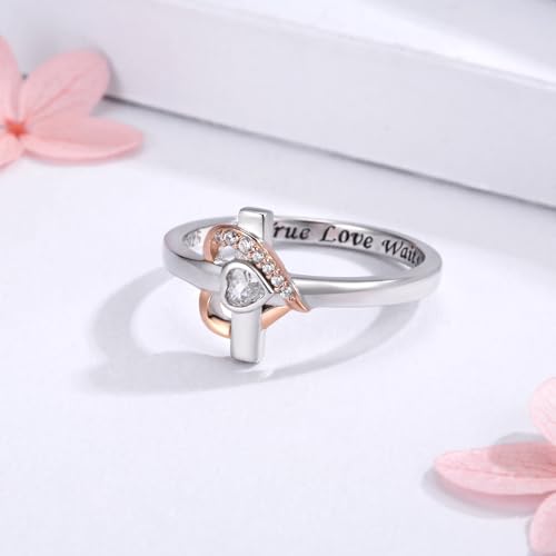 925 Sterling Silver True Love Waits Ring for Women Cross and Heart Promise Ring Christian Purity Faith Jewelry Inspirational Religious Gift for Her