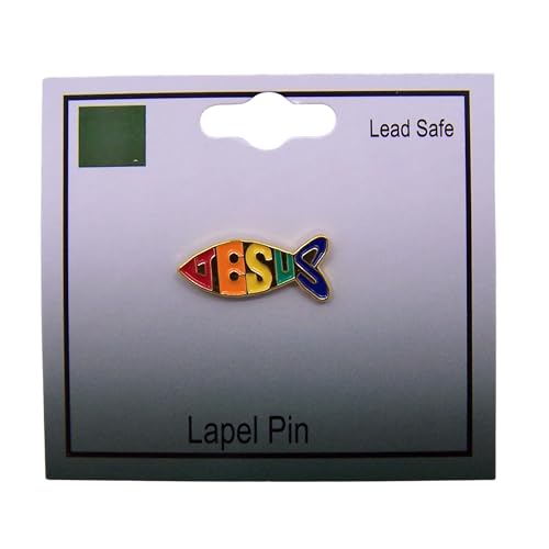 Rainbow Jesus Fish Lapel Pin, Gold Tone Christian Ichthys Brooch, Religious Faith Pin for Jacket, Hat or Backpack