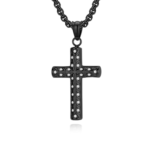 Men's Cross Necklace, Vine Design Iced‑Out Cubic Zirconia - color: black