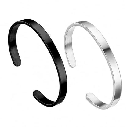 Stainless Steel Cuff Bracelet for Men, Adjustable Open Metal Bangle Bracelet, Minimalist Mens Jewelry Gift - color: black&silver