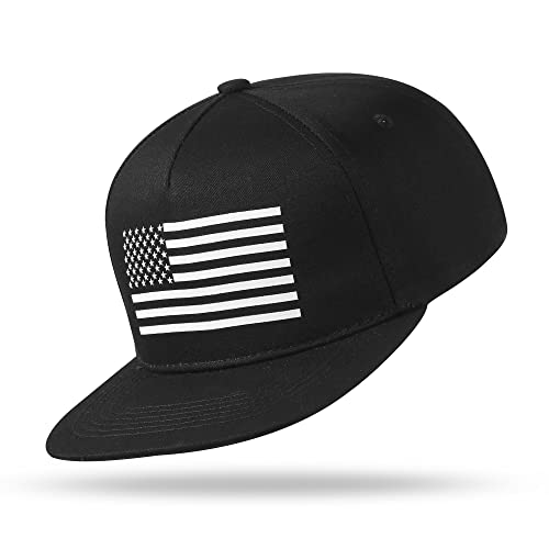 UALON Baseball Cap, Snapback Trucker Hat for Men & Women with American Flag and Adjustable, Breathable Mesh, Flat Bill Hats - color: Black/White