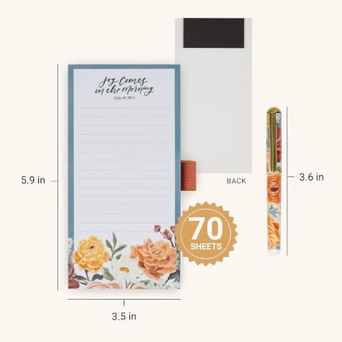 Christian Art Gifts Magnetic Notepad & Pen Set, Joy Comes in the Morning - color: Blue & Orange Multicolor Floral/Joy